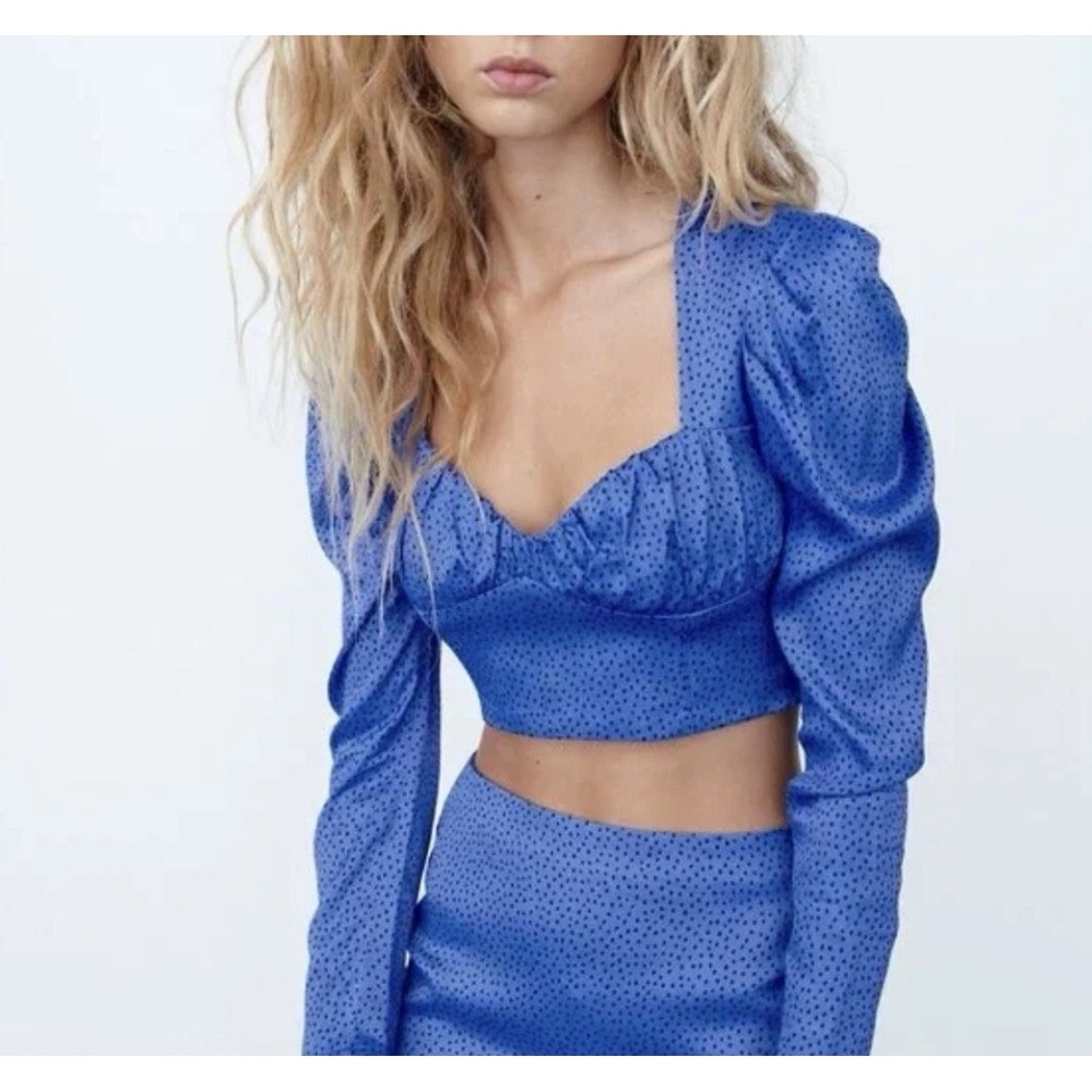 Zara Polka Dot Crop Top Sweetheart Neck‎ Long Sleeve Blue Size Small